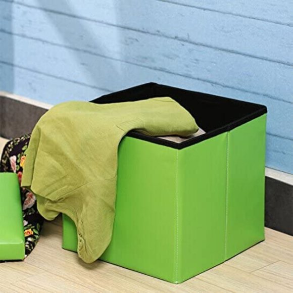 Green Small Faux Leather Folding Ottoman Cube Organizer Storage 12"x12"x12" - Picture 2 of 8